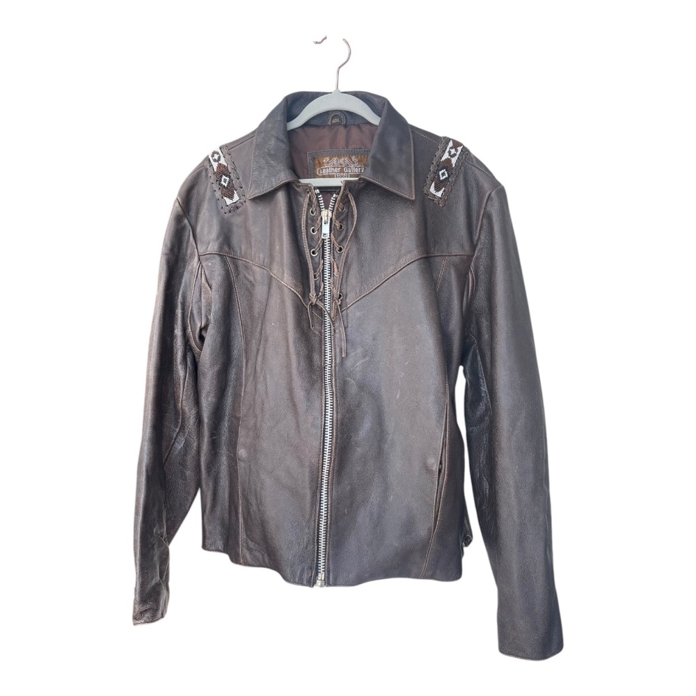 Vtg. Men's Leather Gallery Western Native Boho Lace-up Jacket Brown Beaded Rare - Picture 2 of 15